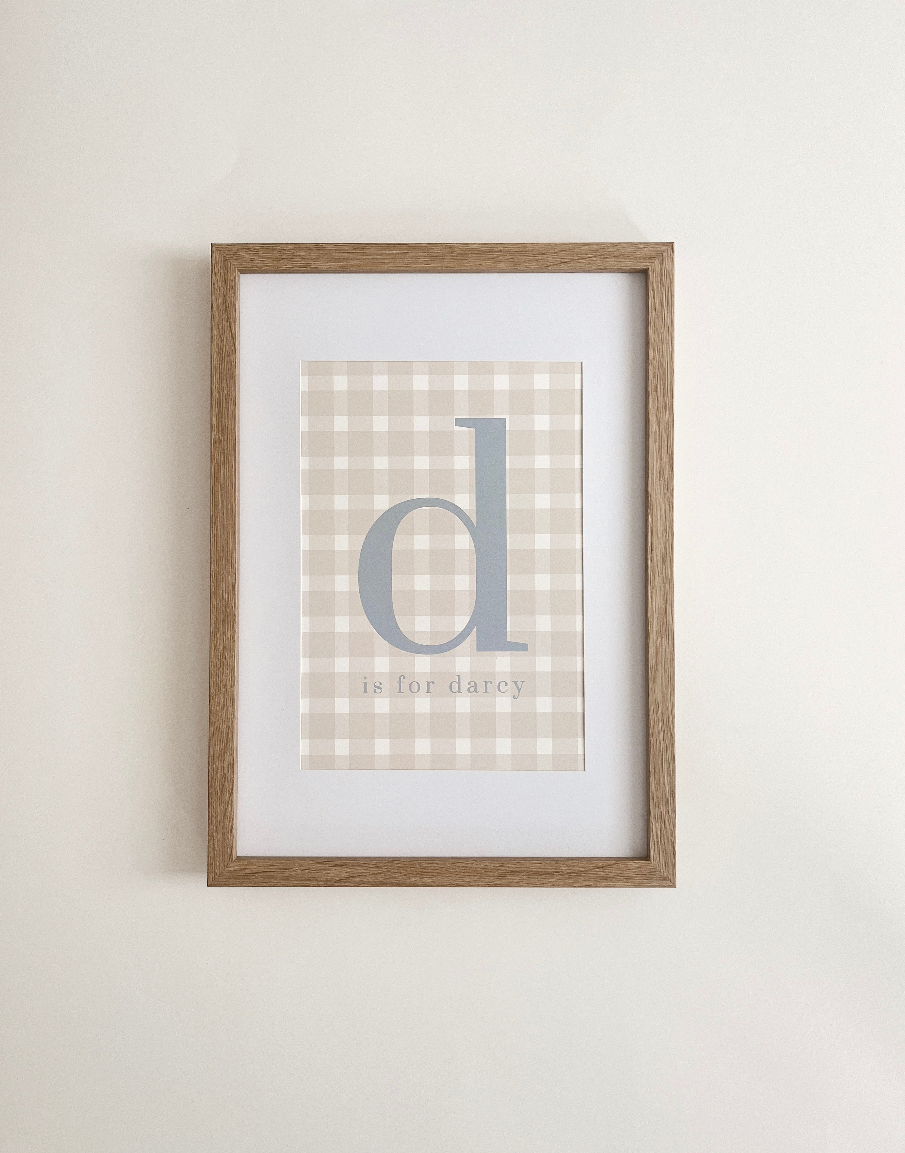 Gingham Name & Initial Print ~ Dusty Blue & Beige